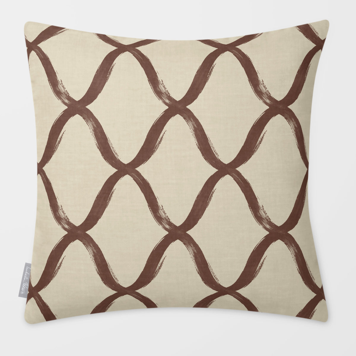 Palace Trellis Cocoa & Teal linen-look square cushion, plain sewn edge, front view.