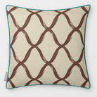Palace Trellis Cocoa & Teal linen-look square cushion, piped, front view.