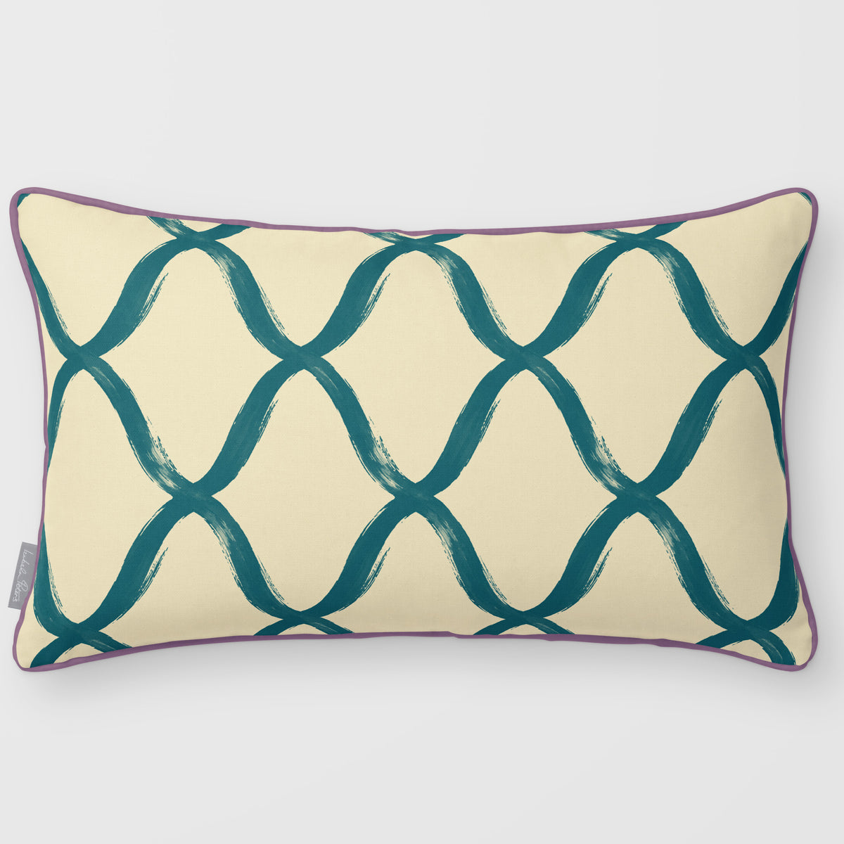 Palace Trellis Ink Blue & Lilac linen-look 50 × 30 cm rectangular cushion, piped, front view.