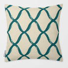 Palace Trellis Ink Blue & Lilac linen-look square cushion, plain sewn edge, front view.