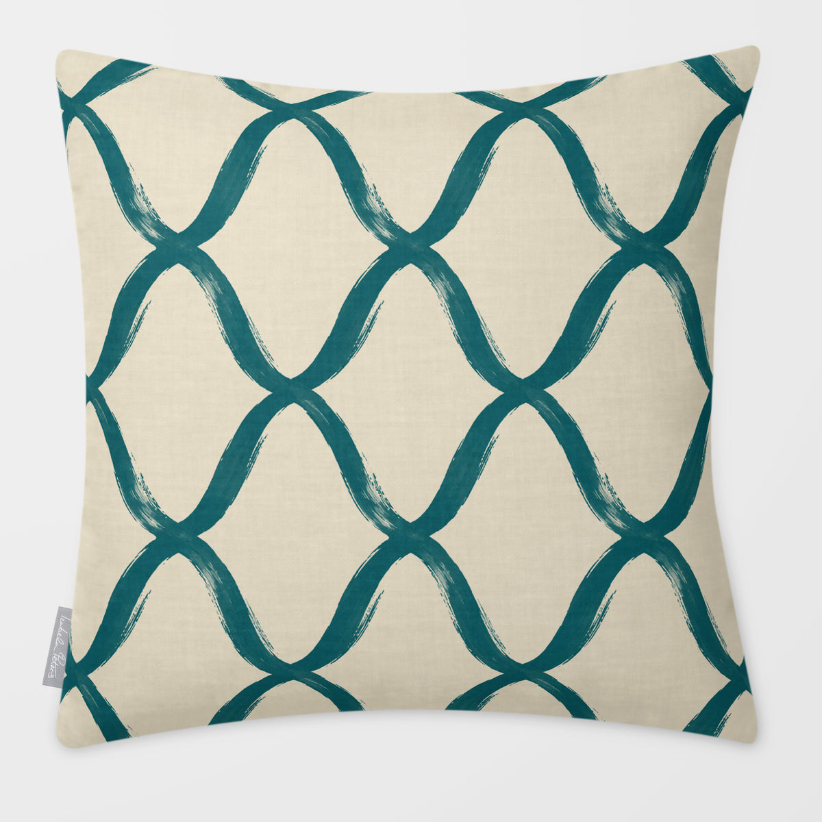 Palace Trellis Ink Blue & Lilac linen-look square cushion, plain sewn edge, front view.