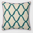 Palace Trellis Ink Blue & Lilac linen-look square cushion, piped, front view.