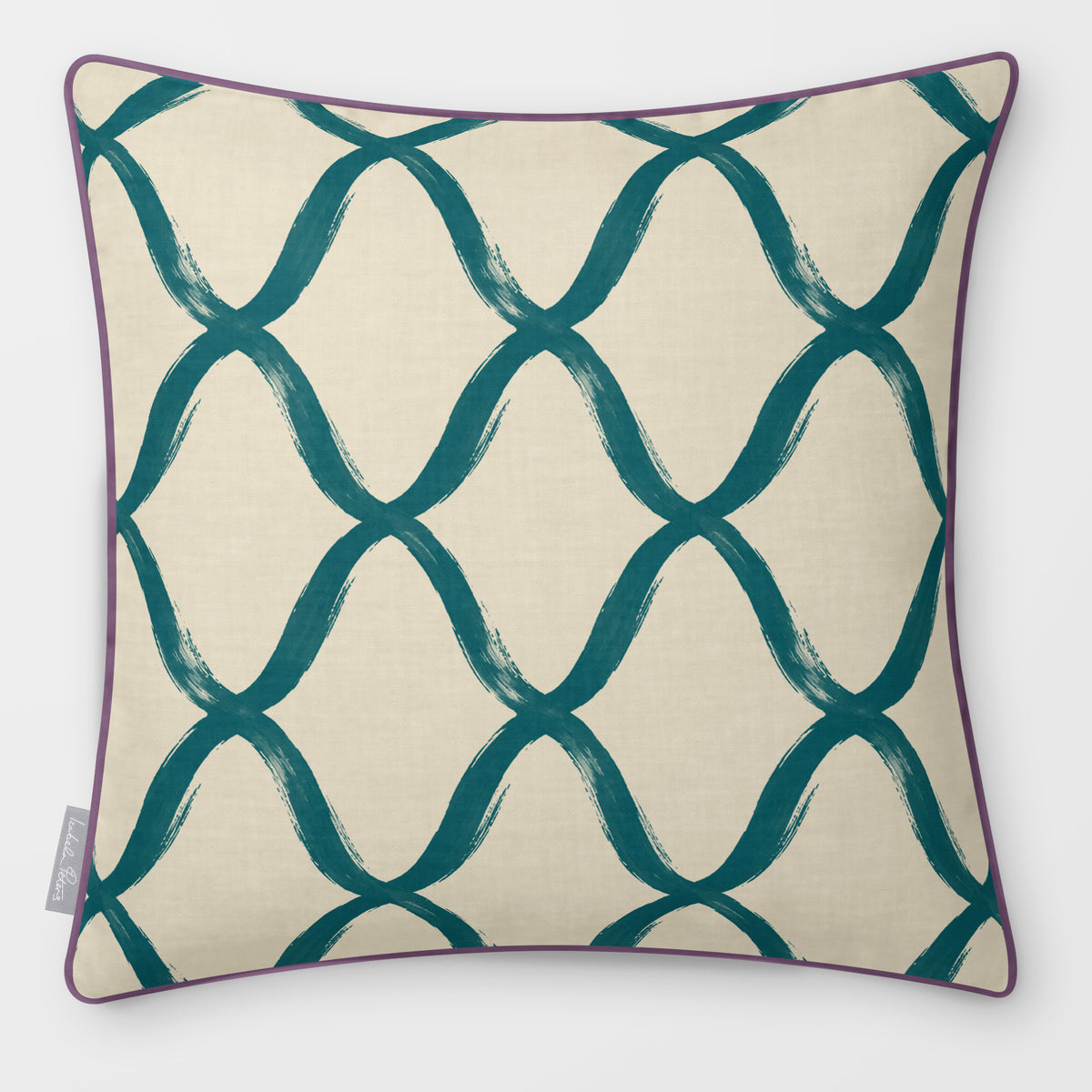 Palace Trellis Ink Blue & Lilac linen-look square cushion, piped, front view.