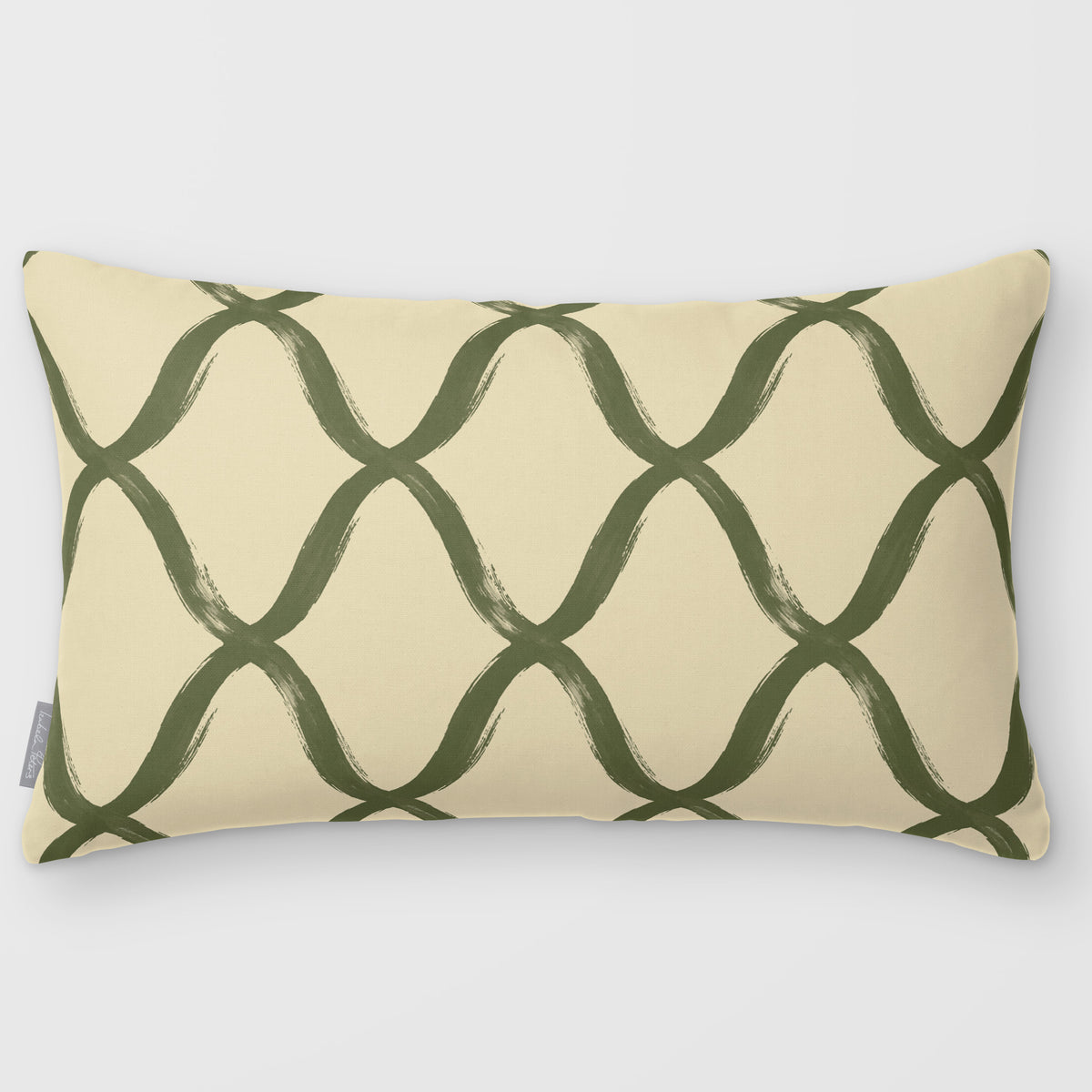 Palace Trellis Olive & Tomato linen-look 50 × 30 cm rectangular cushion, plain sewn edge, front view.
