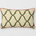 Palace Trellis Olive & Tomato linen-look 50 × 30 cm rectangular cushion, piped, front view.