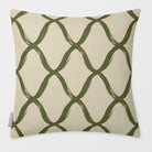 Palace Trellis Olive & Tomato linen-look square cushion, plain sewn edge, front view.