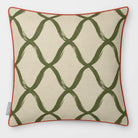 Palace Trellis Olive & Tomato linen-look square cushion, piped, front view.