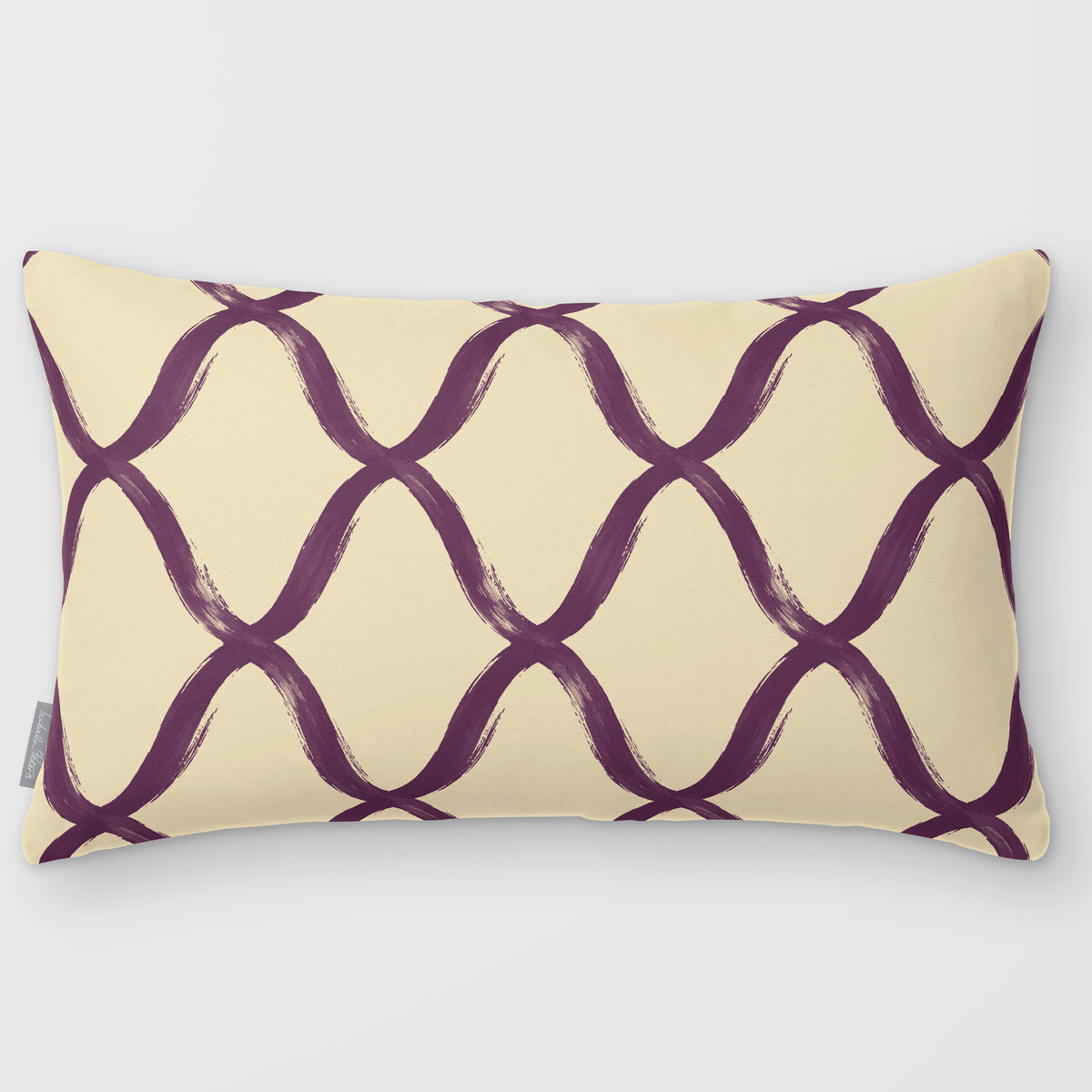 Palace Trellis Plum & Saffron linen-look 50 × 30 cm rectangular cushion, plain sewn edge, front view.