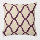 Palace Trellis Plum & Saffron linen-look square cushion, plain sewn edge, front view.