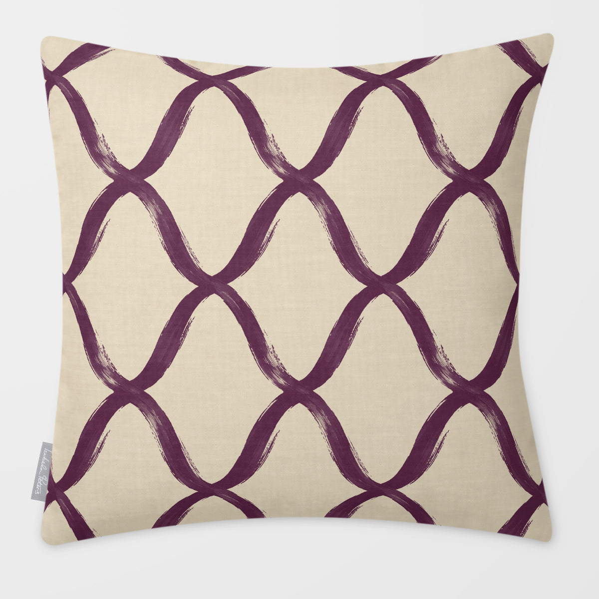 Palace Trellis Plum & Saffron linen-look square cushion, plain sewn edge, front view.