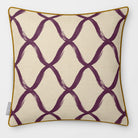 Palace Trellis Plum & Saffron linen-look square cushion, piped, front view.