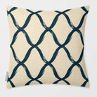 Palace Trellis Teal & Persimmon linen-look square cushion, plain sewn edge, front view.