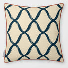 Palace Trellis Teal & Persimmon linen-look square cushion, piped, front view.