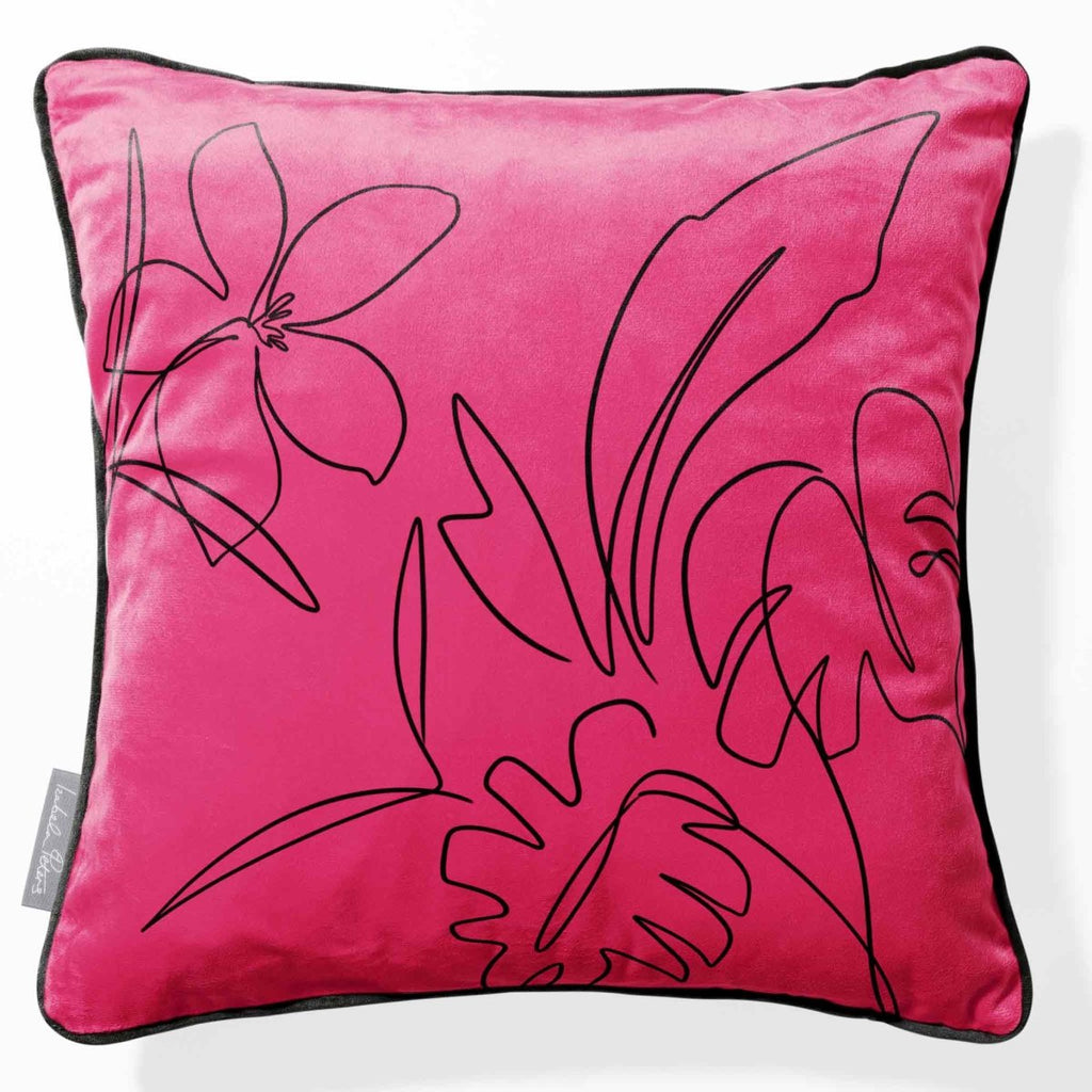Palm and Leaves | Sustainable Velvet Cushion - Hot Pink 40 x 40 cm Piped by Izabela Peters