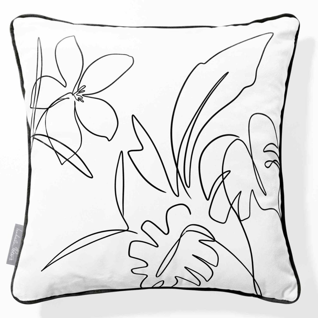 Palm and Leaves | Sustainable Velvet Cushion - White & Black 40 x 40 cm Piped by Izabela Peters