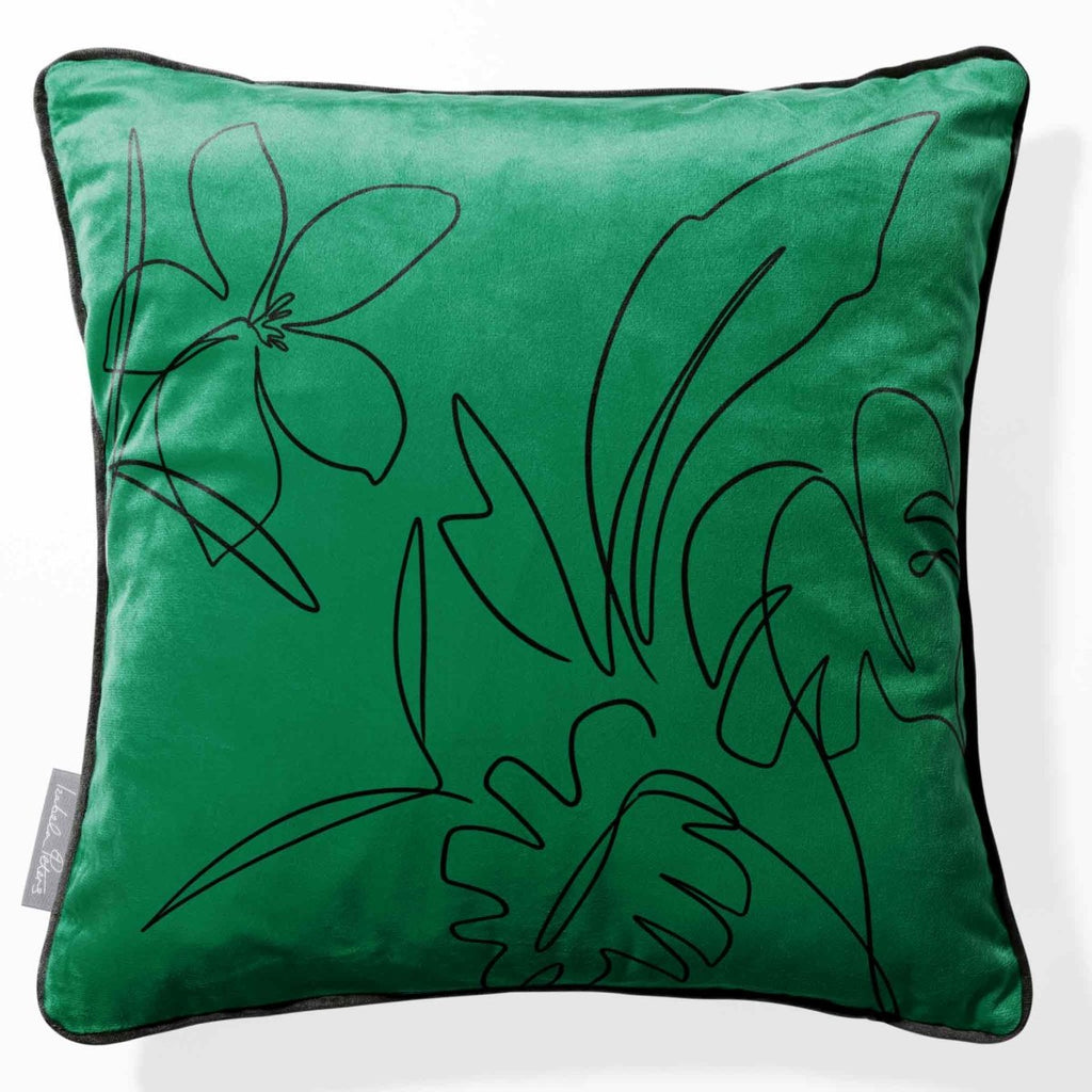 Palm and Leaves | Sustainable Velvet Cushion - Emerald Green 40 x 40 cm Piped by Izabela Peters