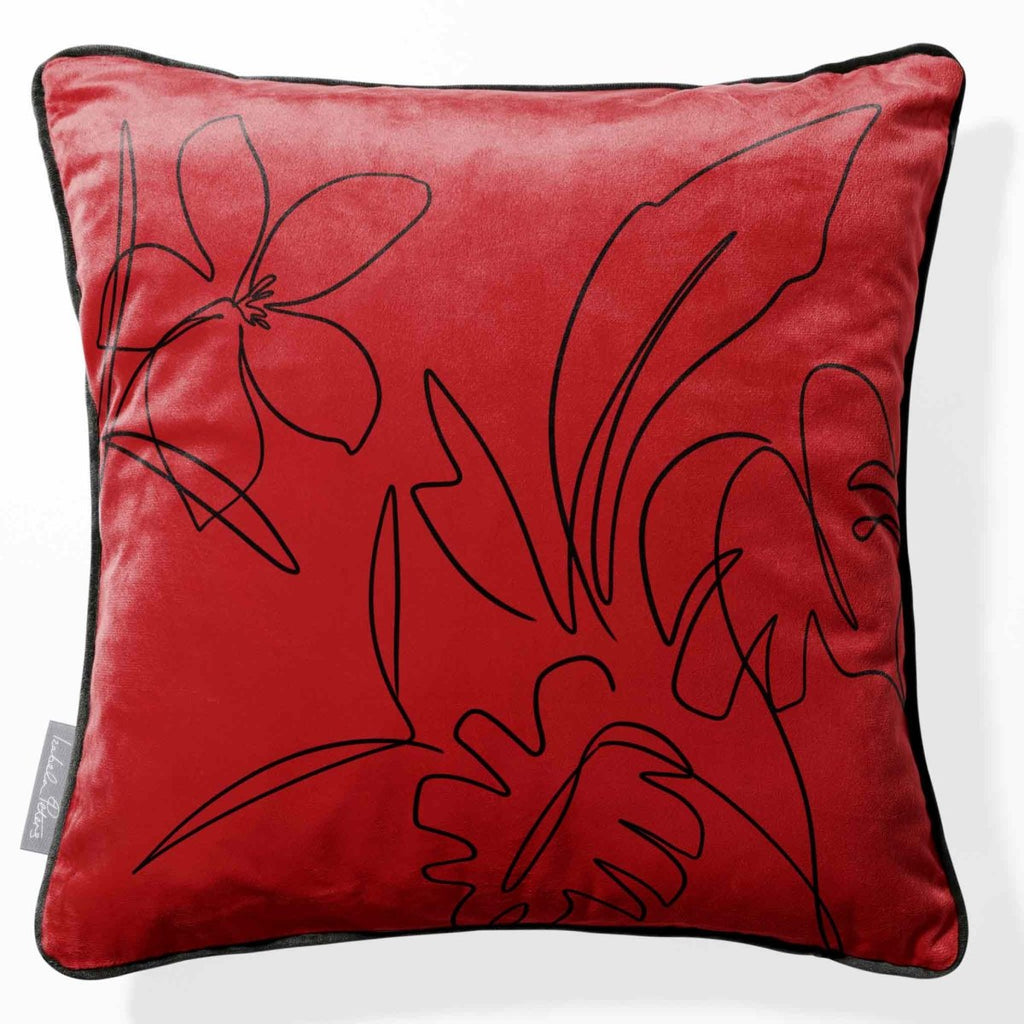 Palm and Leaves | Sustainable Velvet Cushion - Crimson Muse 40 x 40 cm Piped by Izabela Peters
