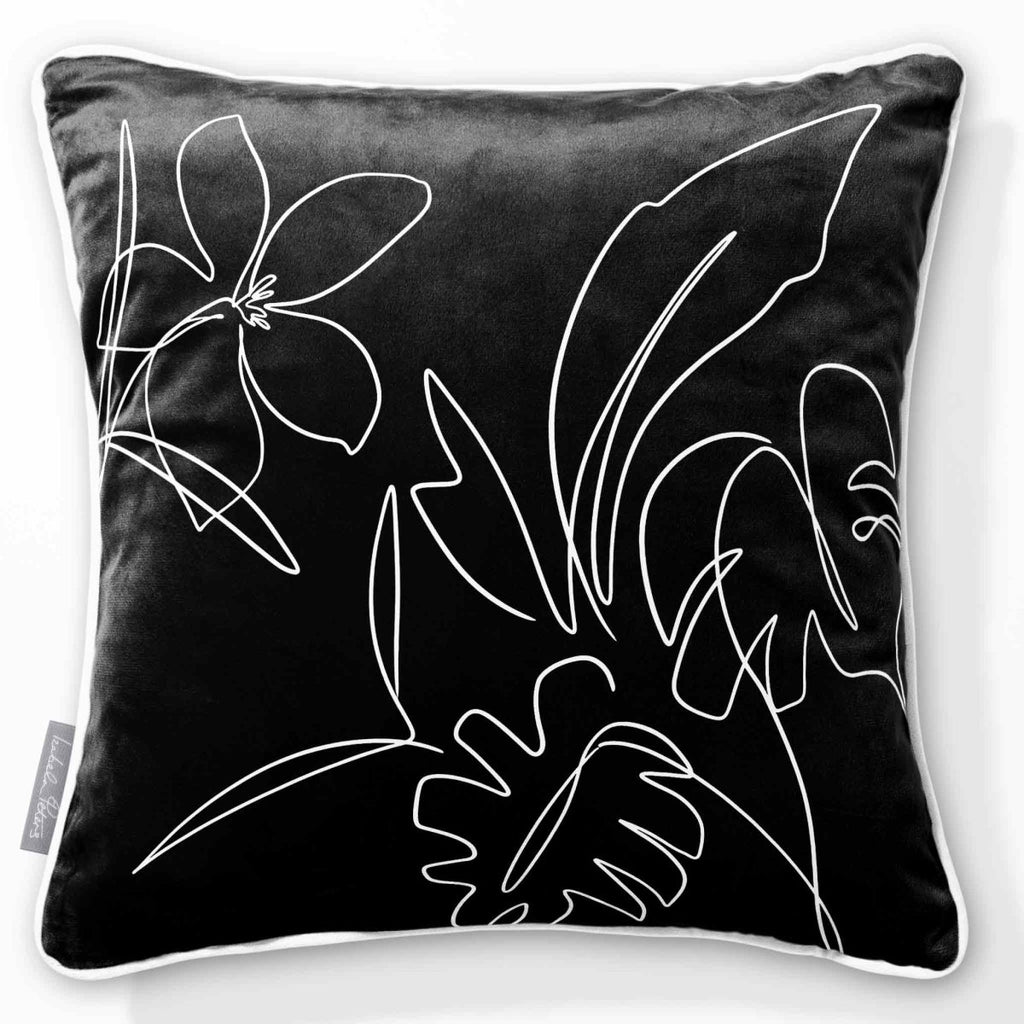 Palm and Leaves | Sustainable Velvet Cushion - Black & White 40 x 40 cm Piped by Izabela Peters