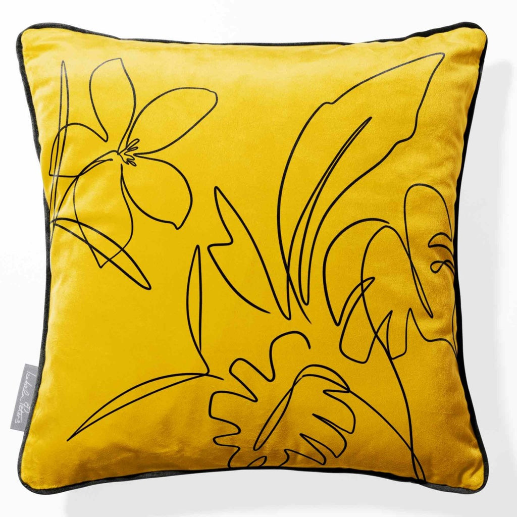 Palm and Leaves | Sustainable Velvet Cushion - Mustard Ochre 40 x 40 cm Piped by Izabela Peters