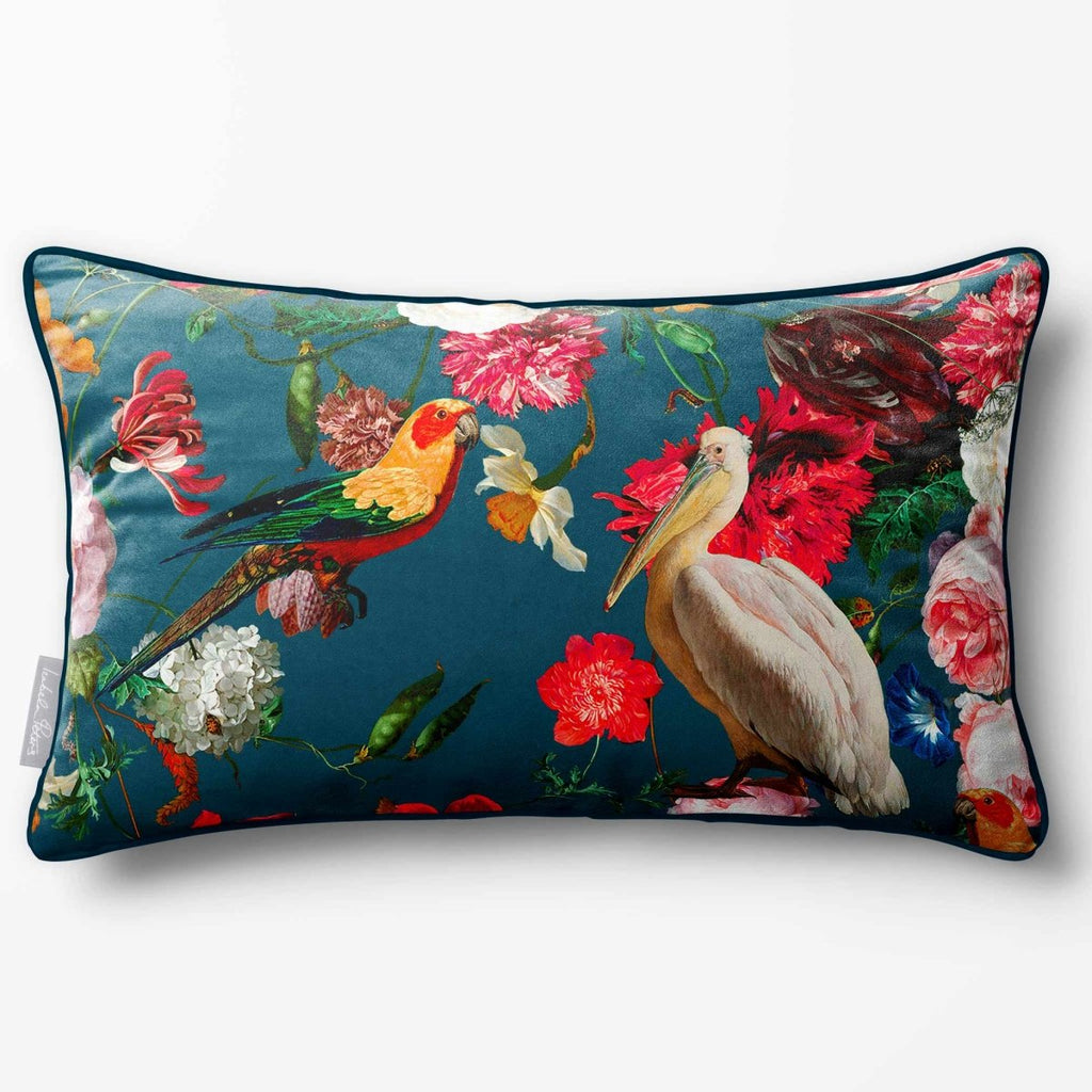Peruvian Paradise | Sustainable Velvet Rectangle Cushion - Teal 50 x 30 cm Piped by Izabela Peters