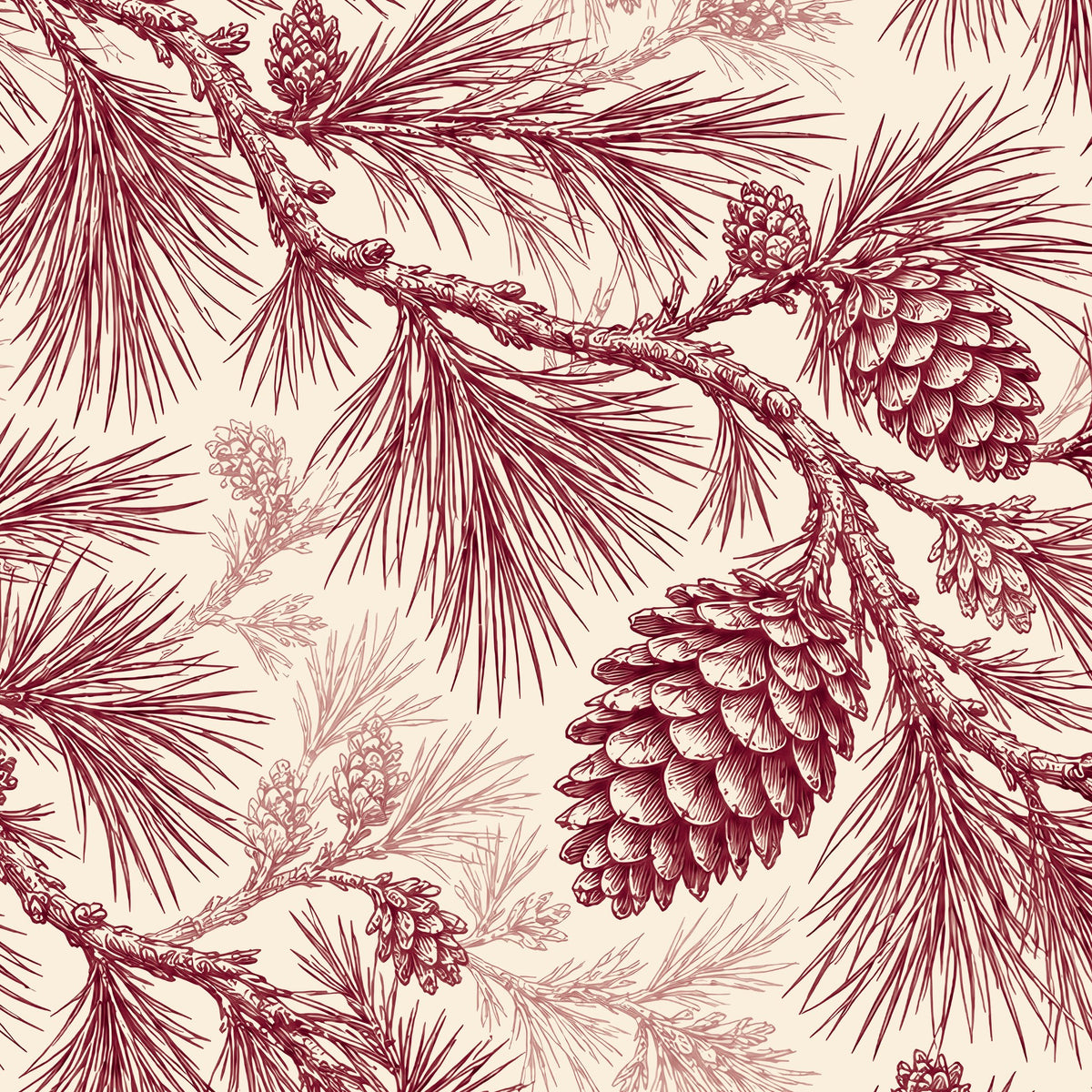 Pine Bough Christmas napkin print in burgundy on ivory