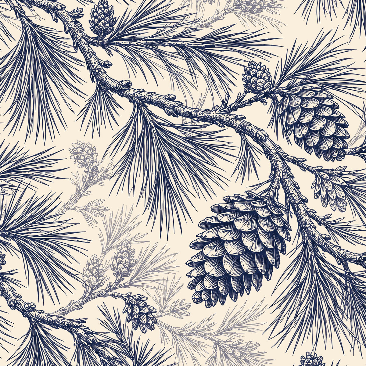 Pine Bough Christmas napkin print in navy on ivory