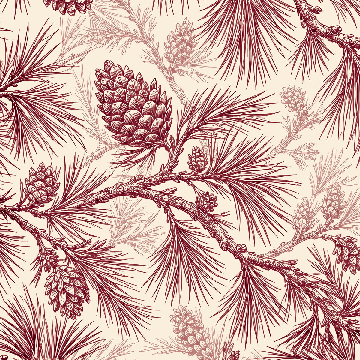 Pine Bough Christmas table runner print in burgundy on ivory