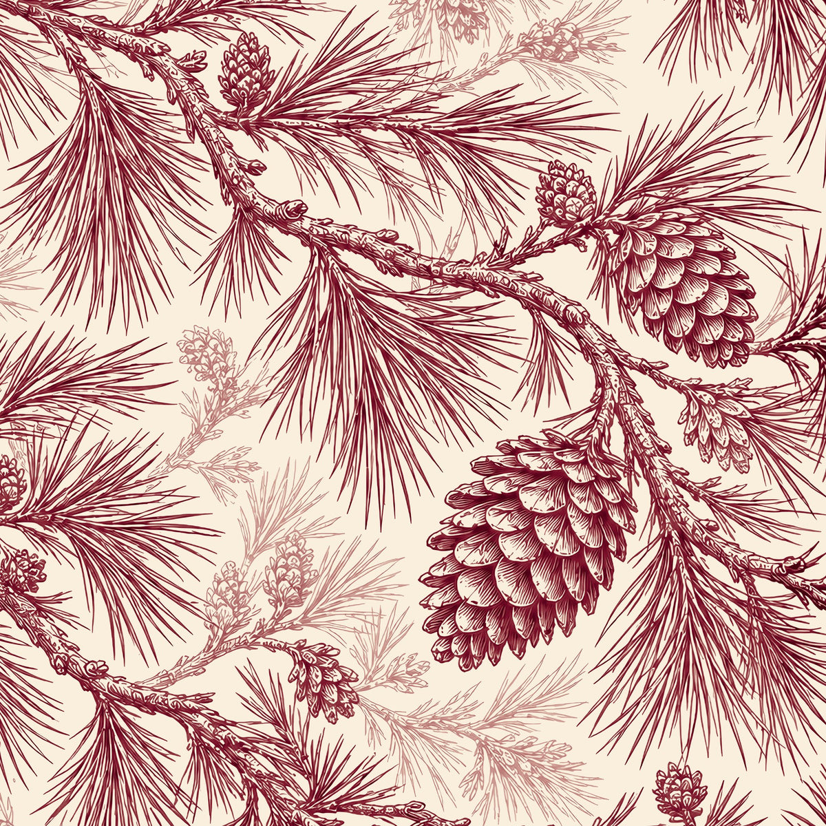 Pine Bough Christmas tablecloth print in burgundy on ivory