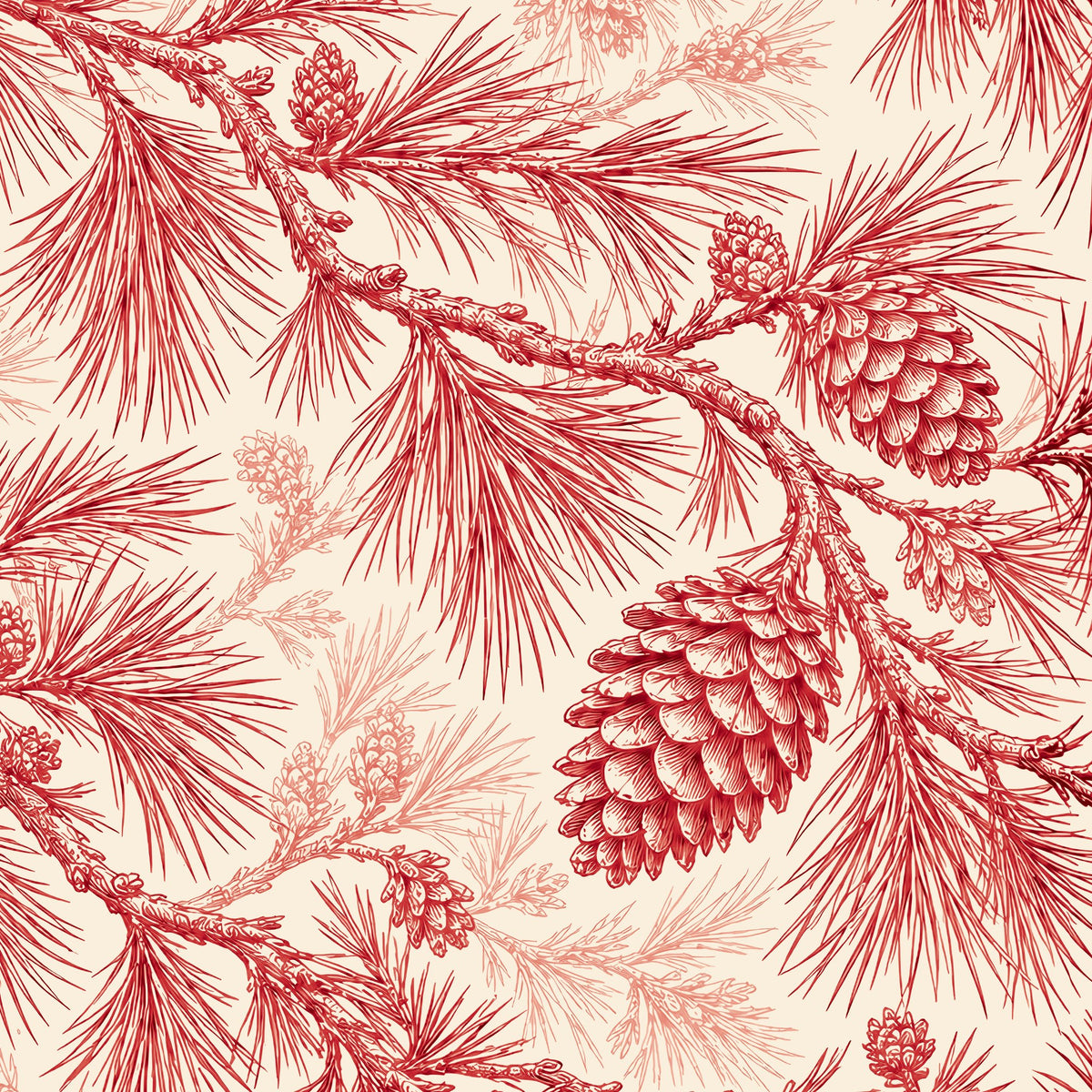 Pine Bough Christmas tablecloth print in red on ivory