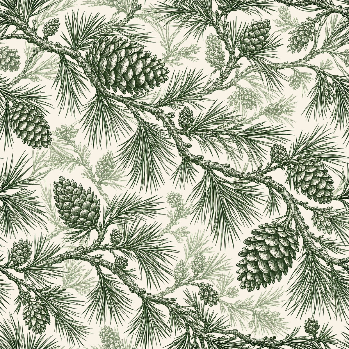 Pine Bough Christmas print: pine boughs and cones in deep green on ivory