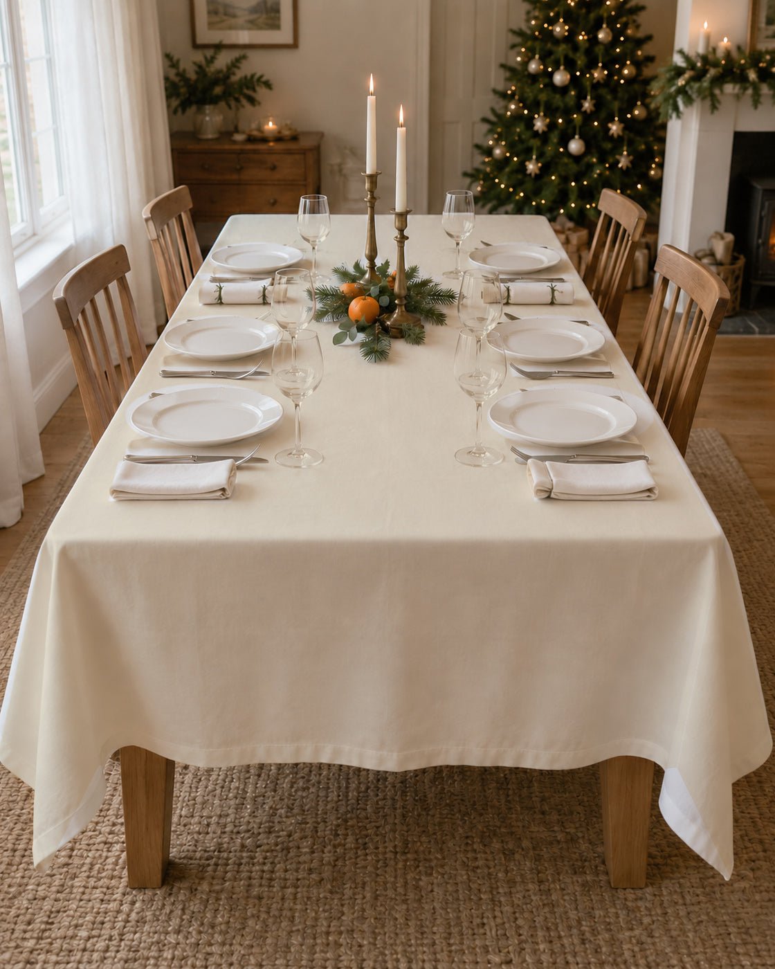 Plain ivory Christmas tablecloth on a laid table
