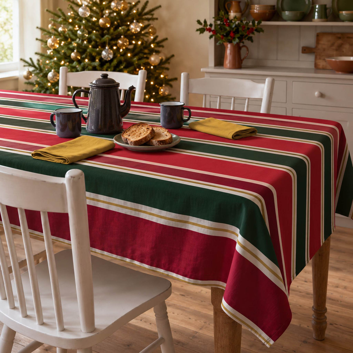 Red and green Signature Stripe Christmas tablecloth draped over a dining table with a dark coffee pot, two mugs, gold napkins and biscuits in a bright farmhouse room.