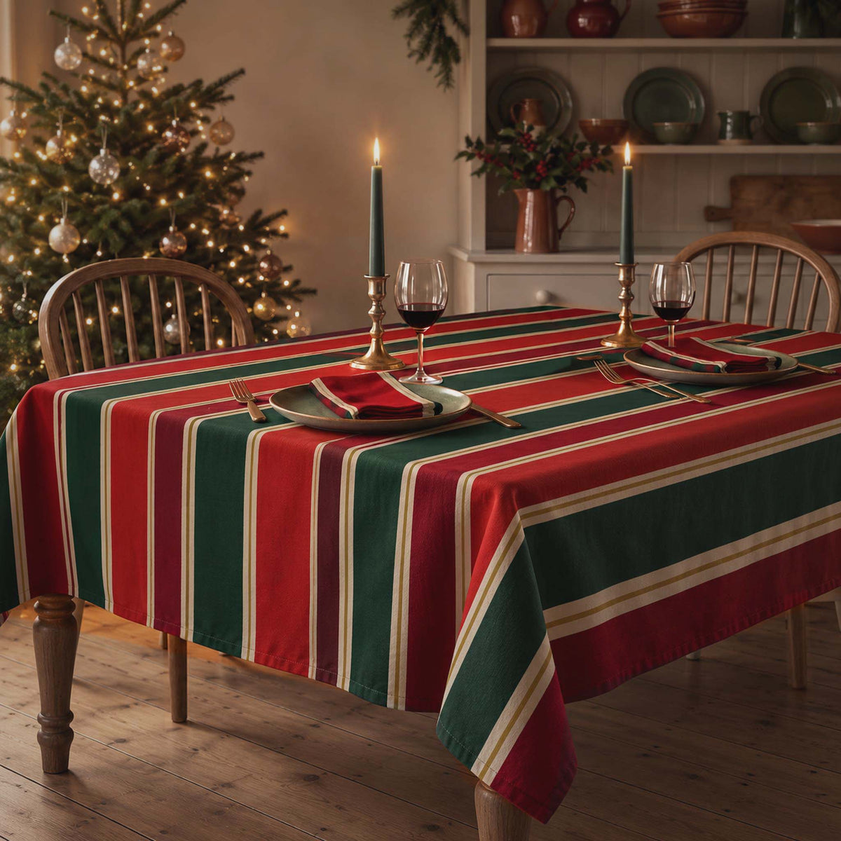 Red and green Signature Stripe Christmas tablecloth on a dining table set for dinner, with two glasses of red wine, green candles and oak Windsor chairs in a cream farmhouse kitchen.