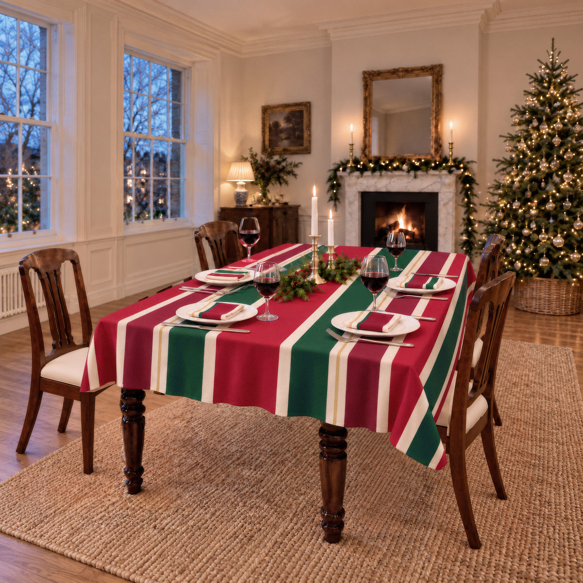 Red, green and burgundy Signature Stripe Christmas tablecloth on a dining table laid for four, with candles, red wine and a log fire in a Georgian dining room