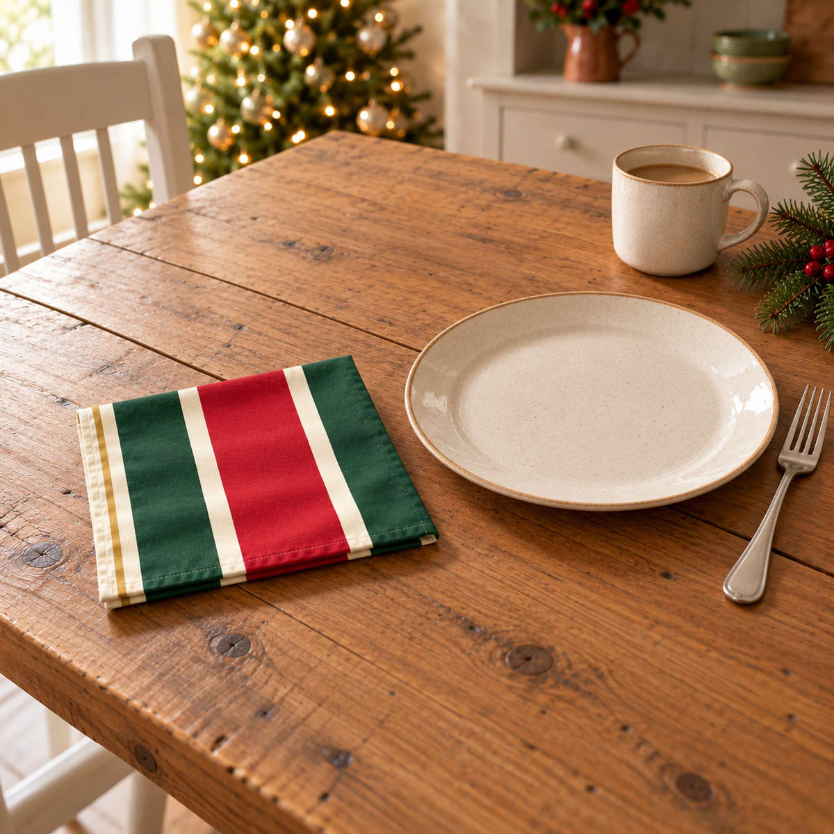Red, green and burgundy Signature Stripe cotton napkin in a compact square fold beside a dinner plate and coffee cup on a wooden table in daylight.