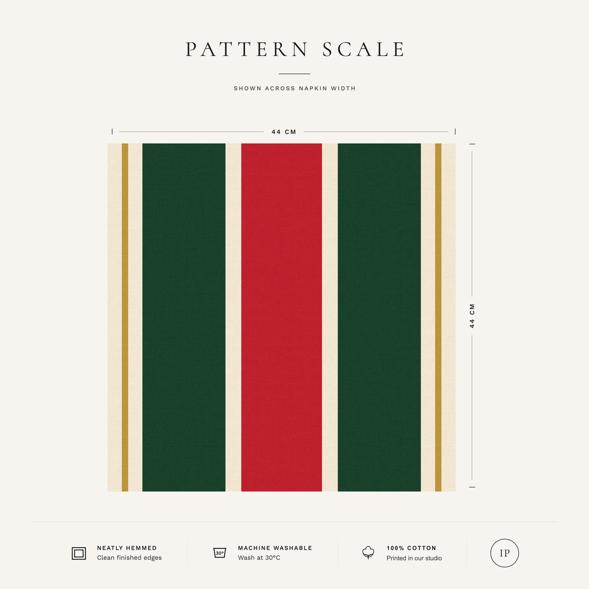 Red, green and burgundy Signature Stripe Christmas napkin pattern scale, showing the full 44 cm by 44 cm design.