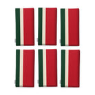 Signature Stripe Christmas napkins in red, green and burgundy, set of six, folded on white, showing the same broad stripes