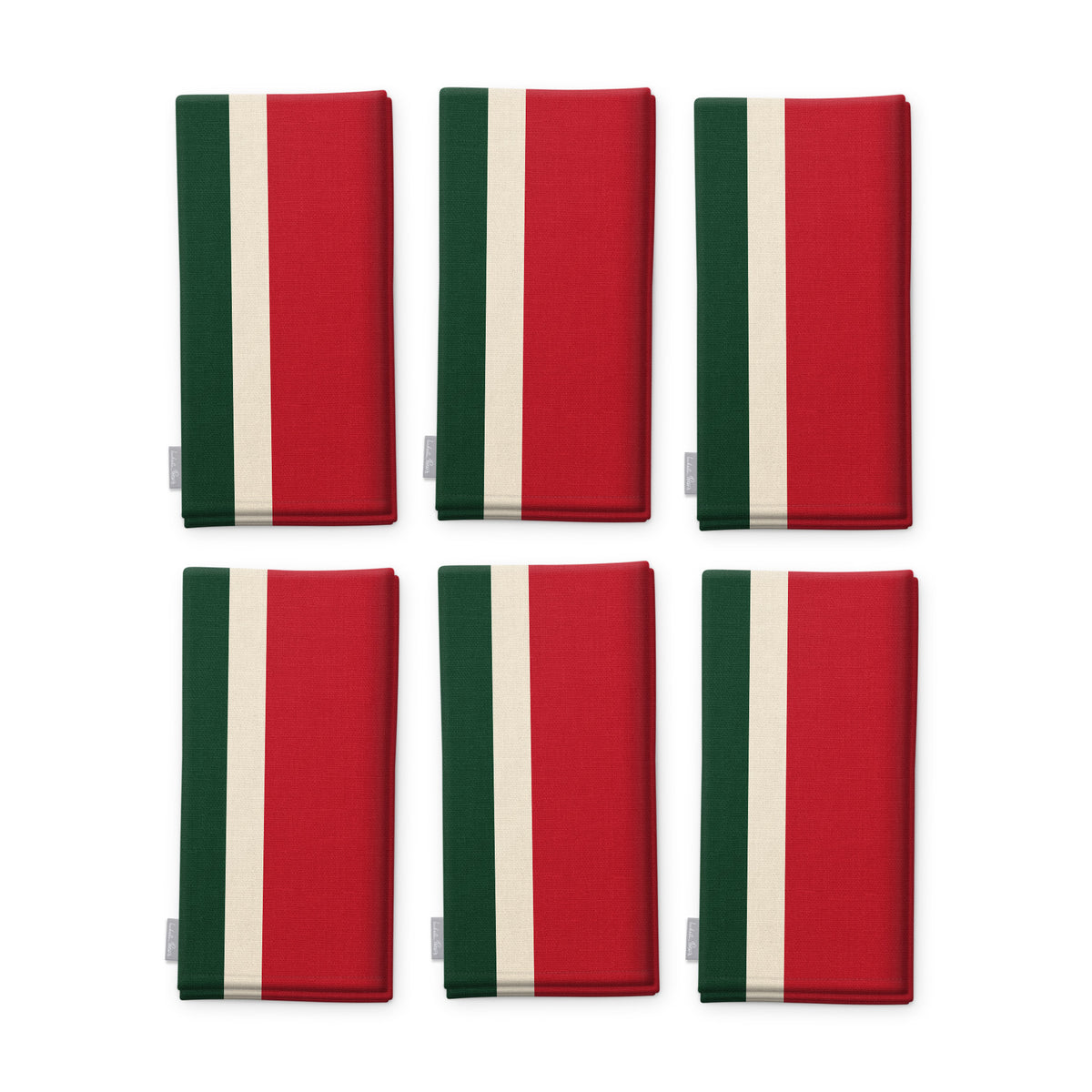 Signature Stripe Christmas napkins in red, green and burgundy, set of six, folded on white, showing the same broad stripes