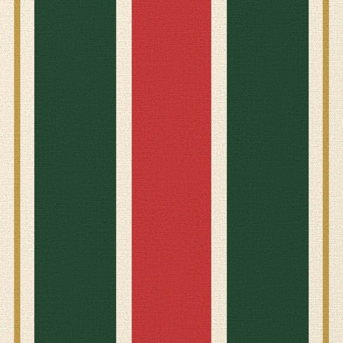 Close-up of the Signature Stripe Christmas table runner print in red, green and burgundy on cotton, showing broad stripes