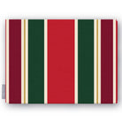 Signature Stripe Christmas tablecloth in red, green and burgundy, folded on white, showing broad stripes