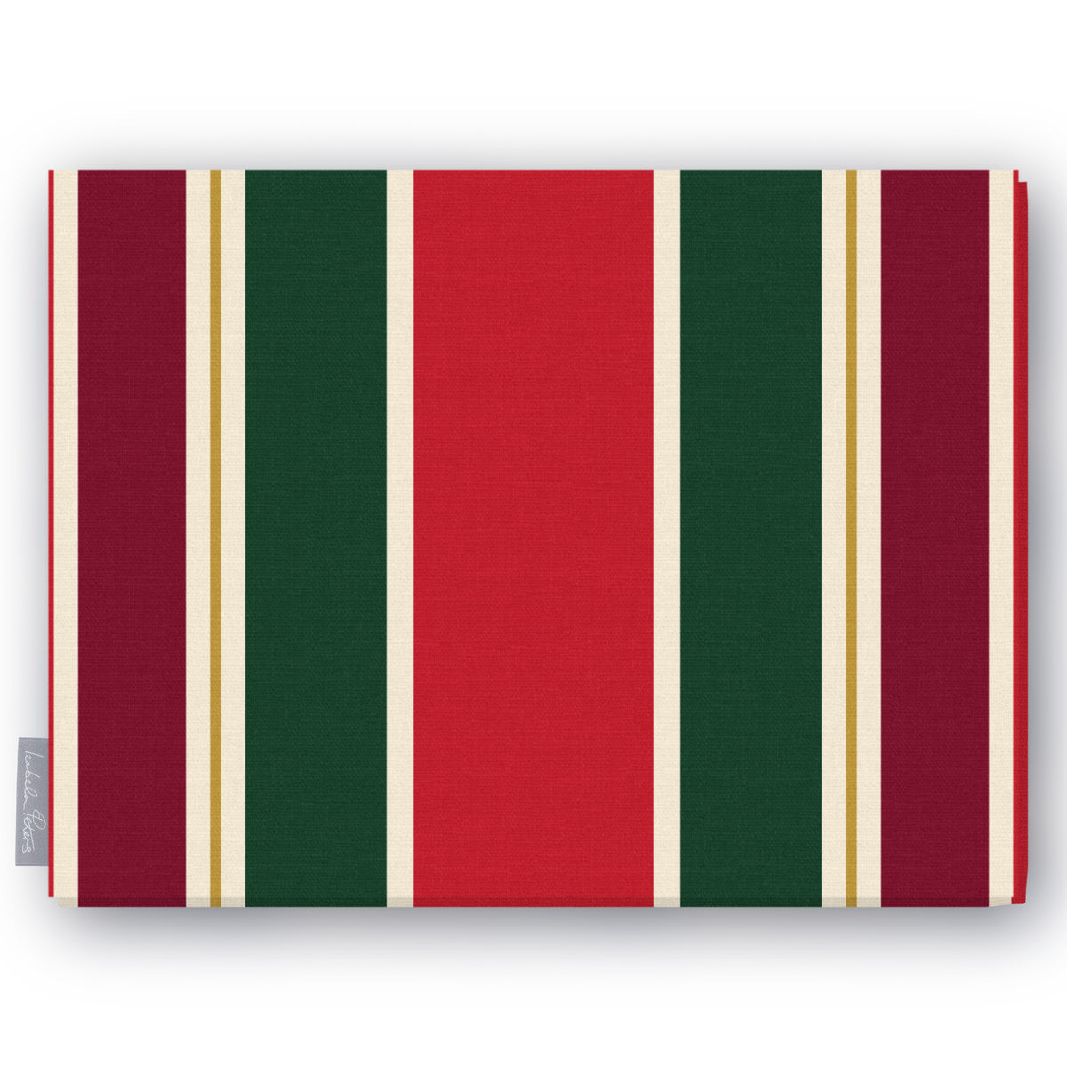 Signature Stripe Christmas tablecloth in red, green and burgundy, folded on white, showing broad stripes