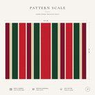 Pattern scale of the Signature Stripe tablecloth in red, green and burgundy across its 144 cm width, with care notes