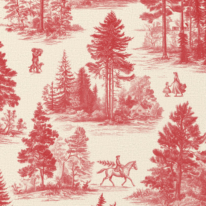 Close-up of the Fir Forest Toile Christmas napkin print in red on ivory cotton, showing fir trees and a rider