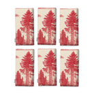 Fir Forest Toile Christmas napkins in red on ivory, set of six folded napkins showing the same tall fir tree