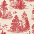 Close-up of the Fir Forest Toile Christmas table runner print in red on ivory cotton, showing fir trees and a rider