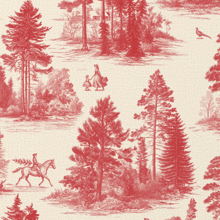 Close-up of the Fir Forest Toile Christmas table runner print in red on ivory cotton, showing fir trees and a rider