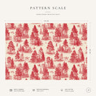 Pattern scale of the Fir Forest Toile Christmas tablecloth in red on ivory across its 144 cm width, with care notes