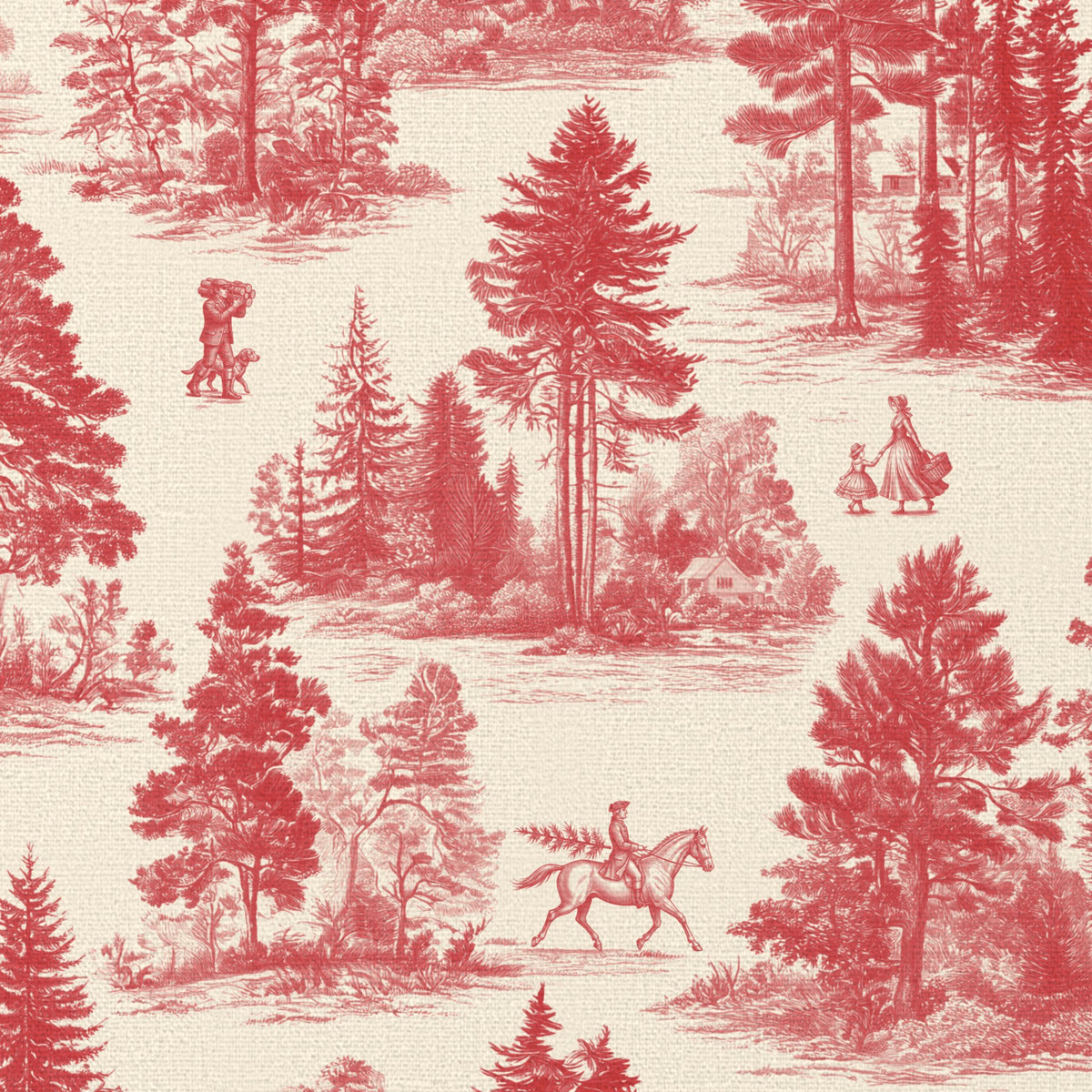 Close-up of the Fir Forest Toile Christmas tablecloth print in red on ivory cotton, showing fir trees and a rider