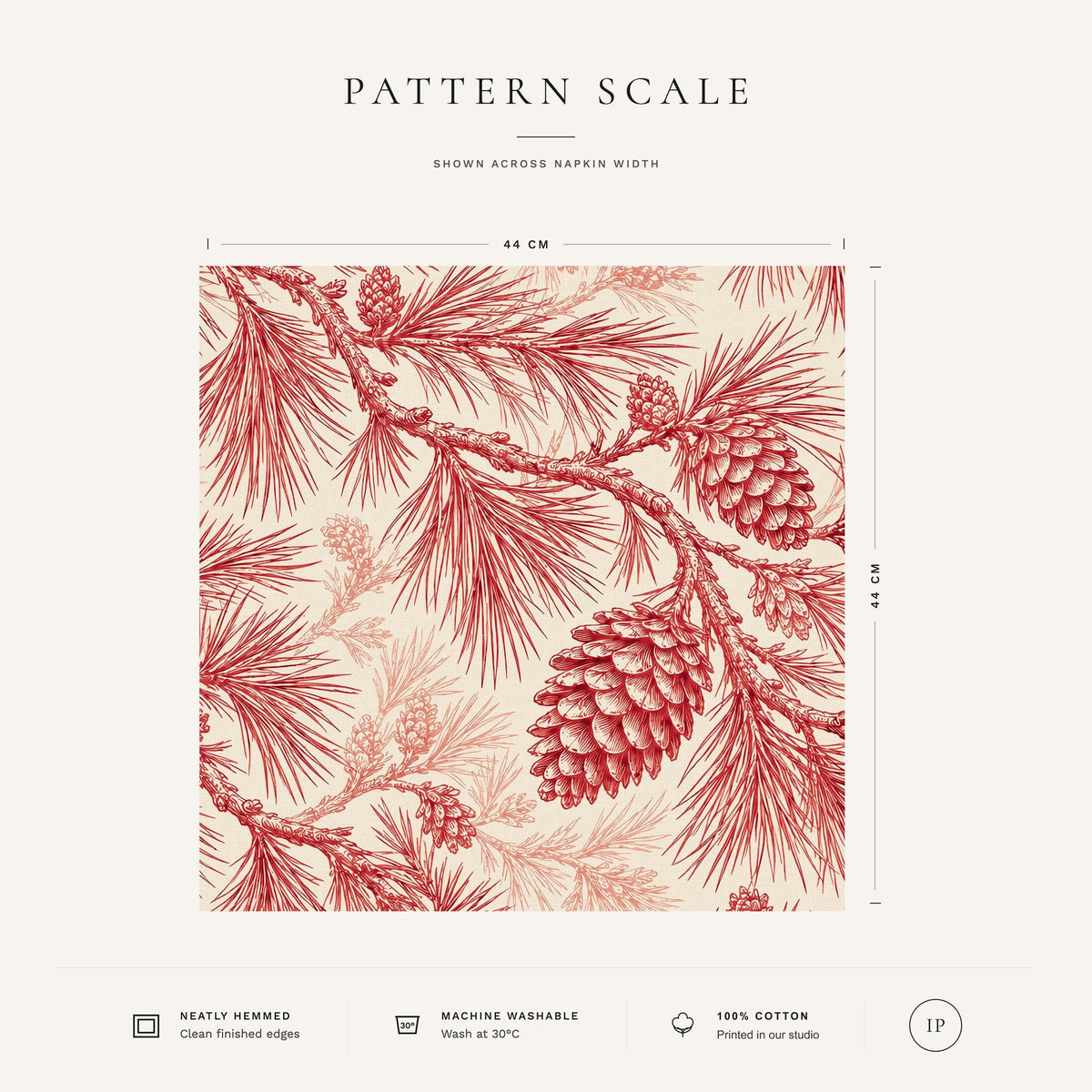 Red on ivory Pine Bough Christmas napkin pattern scale, showing the full 44 cm by 44 cm design.