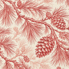 Close-up of the Pine Bough Christmas napkin print in red on ivory cotton, showing pine boughs and cones